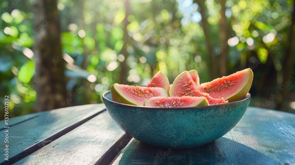 Poster a bowl of fresh pink guava slices on an outdoor picnic table with a forest backdrop.