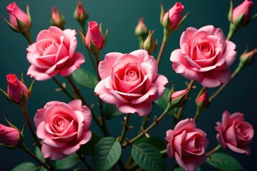 Fototapeta premium Small-scale, repeating rosebuds in muted tones , leaves, elegant