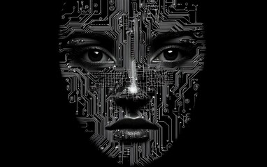 Neural network circuits embedded within the human brain, symbolizing advanced AI and big data processing, digital futuristic design, generative AI, stock illustration, innovation