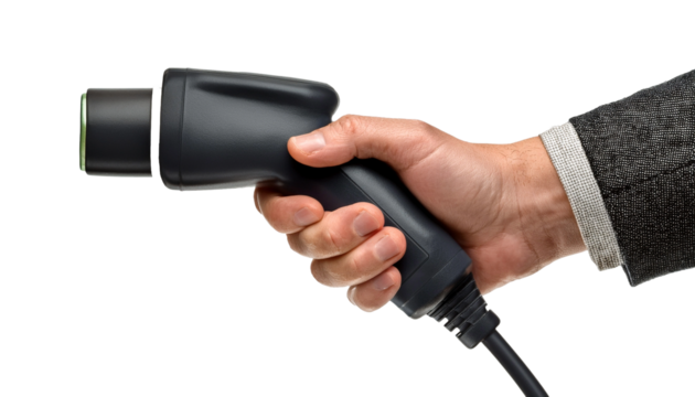 a hand holding an EV charging cable with the cable and connector are clearly visible