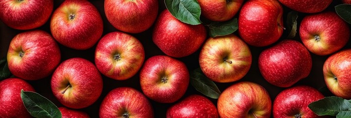 Ripe red apples with green leaves create a vibrant and textured background, perfect for food and health-related themes