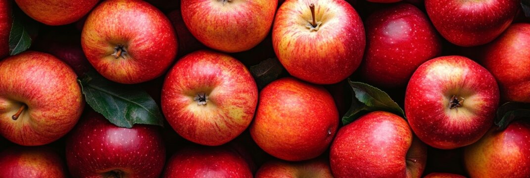 Many ripe red apples with green leaves create a vibrant and textured background, ideal for food and nature-themed projects - Powered by Adobe