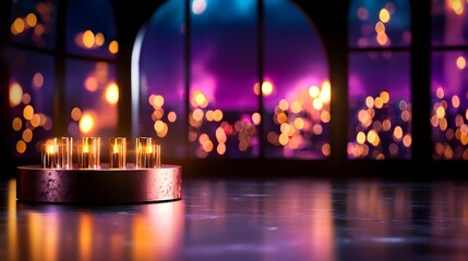 Obraz premium Tranquil Scene of Lit Candles with Bokeh Background in a Colorful Evening Environment