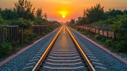 Fototapeta premium A serene landscape featuring railway tracks leading to a vibrant sunset