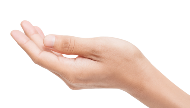 an outstretched human hand, slightly cupped and open, showcasing detail. The hand appears to be reaching out or offering something