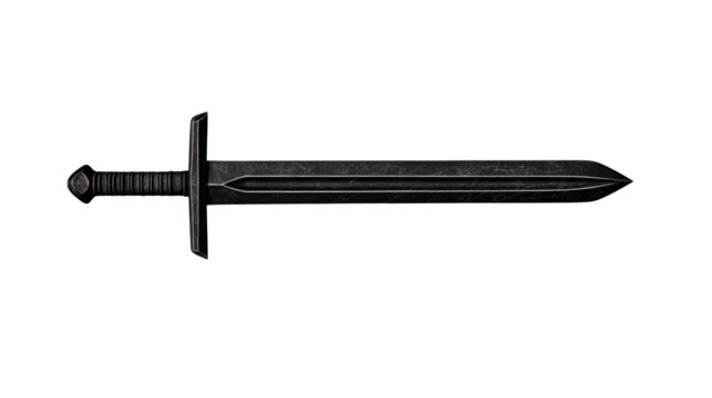 Dark metal medieval sword isolated on black, cut out transparent