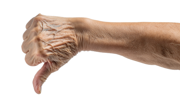an old hand with a thumbs-down gesture, expressing disapproval or rejection