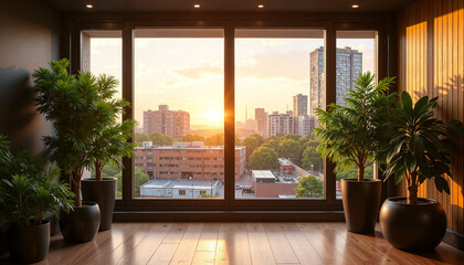 Modern indoor plants flourishing against a sunset city view  
