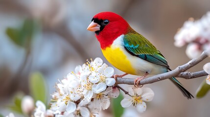 Obraz premium Stunning Gouldian Finch with Bright Red Head, Green Back, and Yellow Chest Perched on a Delicate Flowering Twig