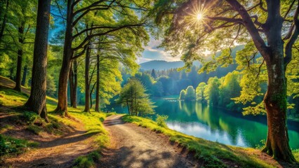 Fototapeta premium Serene Lakeside Path Through Sun-Dappled Forest, Winding Gently Towards Tranquil Waters Reflecting the Golden Hour's Light