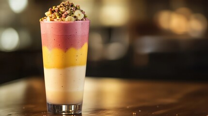 Layered smoothie creation indoor kitchen food photography close-up view culinary art with vibrant colors and textures