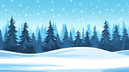 Obraz premium Snowy winter landscape with a forest of evergreen trees under a light snowfall.