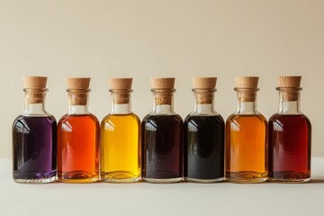 Seven small glass bottles filled with colorful liquids, possibly oils or extracts, are lined up against a neutral background, creating an appealing visual
