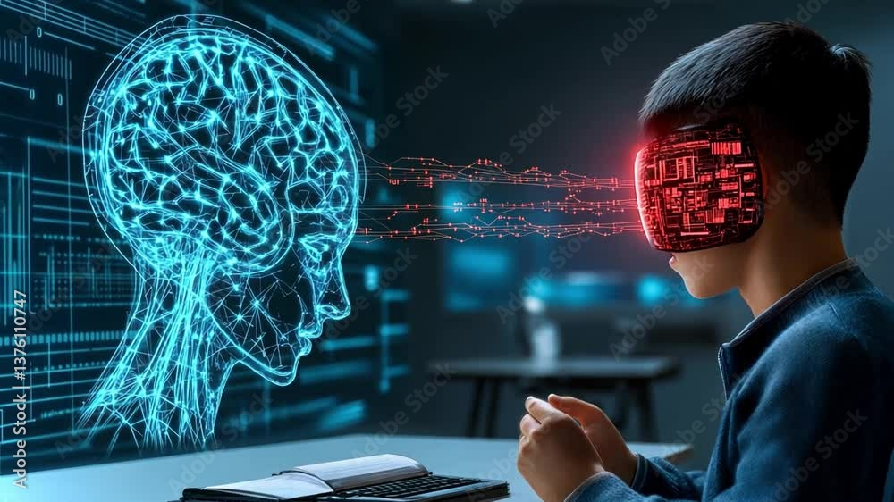 Poster exploring the future of neurology with advanced neural implants and virtual technology