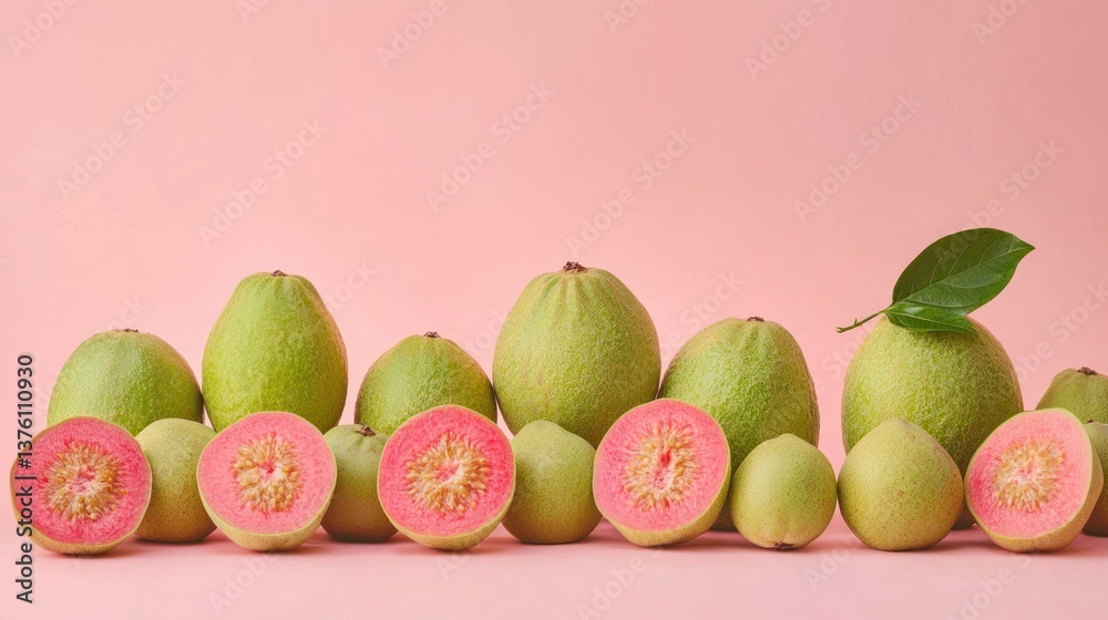 Poster A collection of guava fruits in different sizes and ripeness stages, isolated on a soft pastel backdrop. 