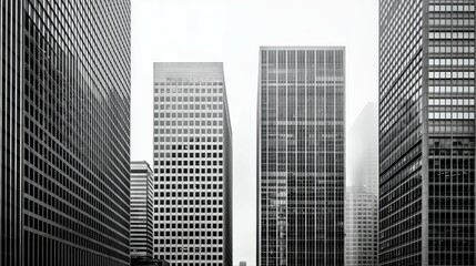 Fototapeta premium Silhouettes of modern skyscrapers fade in and out of a thick layer of fog, offering a mysterious charm to the urban landscape. 