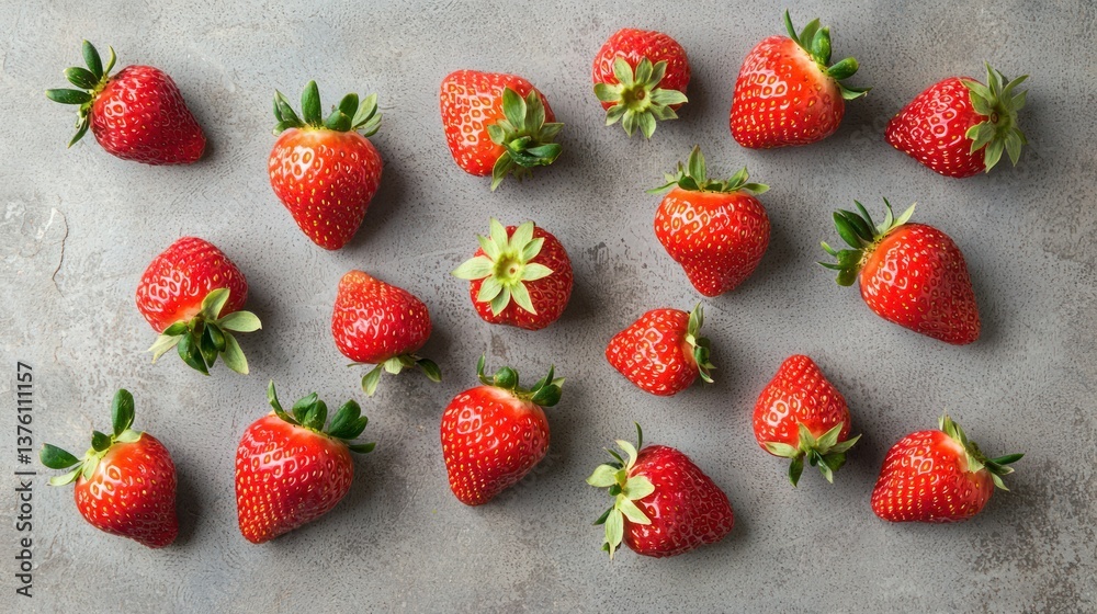 Poster a collection of strawberries spread across a neutral surface, showcasing their overall shape and col