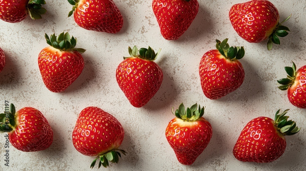 Poster a collection of strawberries spread across a neutral surface, showcasing their overall shape and col