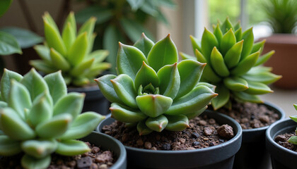Fototapeta premium Succulent plants thriving in pots against a bright window background 