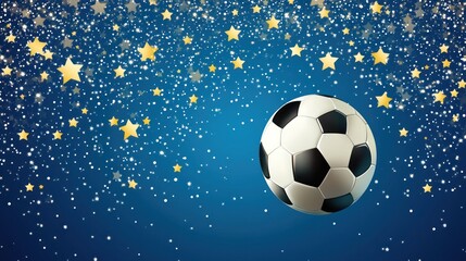 Fototapeta premium Soccer ball floating amidst a shower of gold and white stars on a dark blue background.