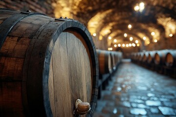 Wine is aging in old wooden barrels in a traditional cellar, creating a warm and inviting atmosphere