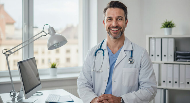 Happy mature doctor with stethoscope in professional office setting with white furniture and files