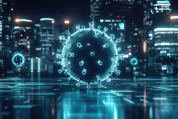 Obraz premium Futuristic virus model over city lights, representing pandemic's impact on urban life.