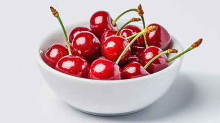 Bright White Ceramic Bowl Filled with Fresh Red Cherries on White Background