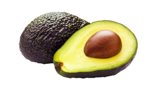 Fresh ripe avocado whole and halved with seed isolated on transparent PNG background for food packaging, recipe graphics, and healthy lifestyle designs