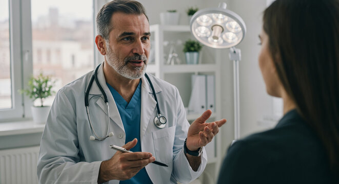 Middle-aged male doctor giving medical advice in clinical setting