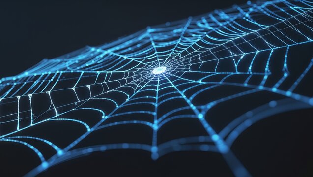 Digital Representation of a Mystical Spider Web Illuminated with Blue Lights on a Dark Background