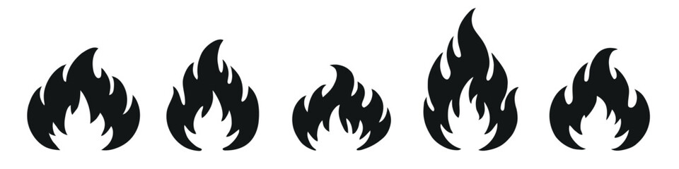 Set of black fire icons. Fire flame symbol. Fireball and flame icons set. Isolated illustration.