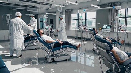 Healthcare workers in protective gear monitor patients donating blood in a contemporary, well equipped hospital environment, ensuring safety and efficiency - Powered by Adobe