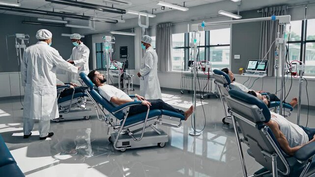 Healthcare workers in protective gear monitor patients donating blood in a contemporary, well equipped hospital environment, ensuring safety and efficiency