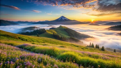 Fototapeta premium Serene Sunrise Over Rolling Hills and Misty Valley with a Majestic Snow-Capped Peak in the Distance