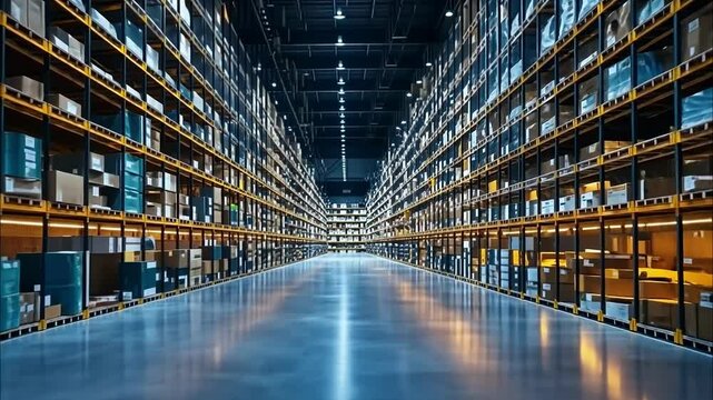 Wide view of a modern warehouse showcasing organized shelving and efficient space utilization for storage