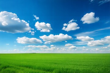 Obraz premium Expansive green field under a vibrant blue sky with scattered fluffy clouds, representing natural beauty, tranquility, open space, and ideal for environmental, agricultural, or landscape concepts