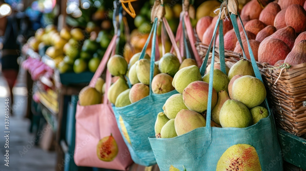 Poster A guava fruit icon printed on large reusable bags displayed at a farmerâ€™s market. 