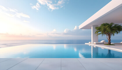 Obraz premium Minimalist design hotel resort. Modern luxury villa wit infinity pool overlooking calm ocean. Relaxing tropical getaway. Luxurious Summer vacation, travel concept, leisure lifestyle
