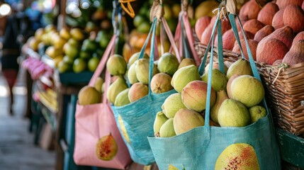 A guava fruit icon printed on large reusable bags displayed at a farmerâ€™s market. 