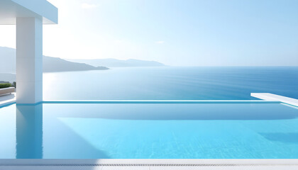 Fototapeta premium Minimalist design hotel resort. Modern luxury villa wit infinity pool overlooking calm ocean. Relaxing tropical getaway. Luxurious Summer vacation, travel concept, leisure lifestyle