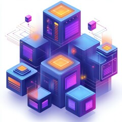 Modern digital technology in vibrant neon colors showcases interconnected data servers in an abstract design