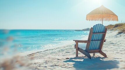 Tranquil Beach Escape Featuring Adirondack Chair and Parasol on Tropical Shoreline