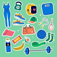 Collection stickers of fitness gym inventory elements, sport equipment. Healthy lifestyle concept.
