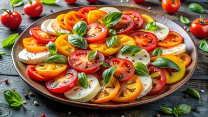 A vibrant summer salad featuring colorful tomato slices layered with creamy cheese and fresh basil leaves, served on a rustic wooden plate.