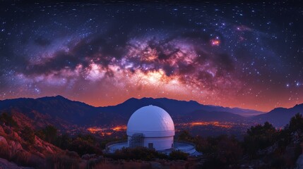 Astronomical observatory beneath the vibrant cosmos amidst mountain landscape