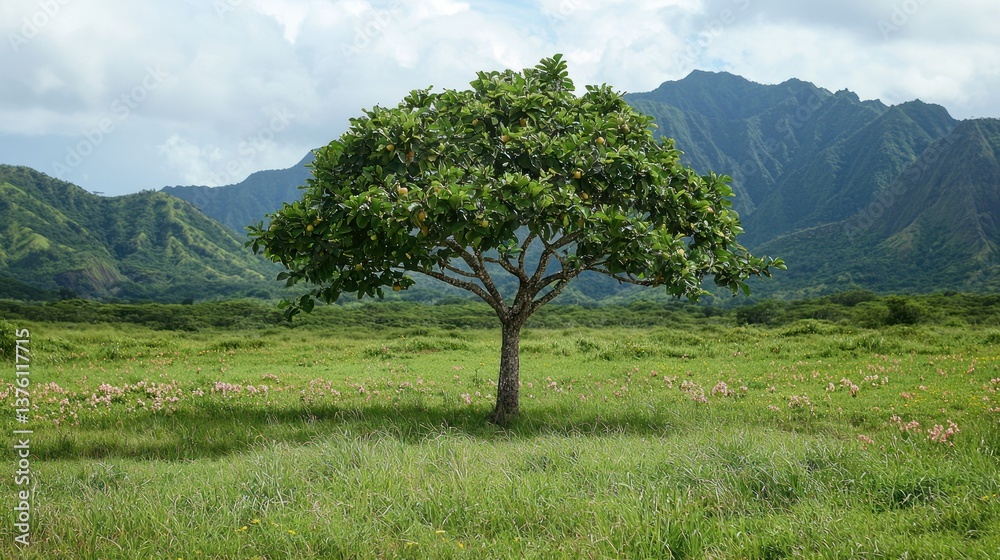Poster a guava tree standing alone in a meadow, with flowers and a mountain range visible far away