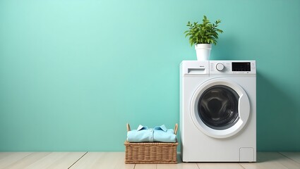 Minimalist modern laundry setup with white washing machine, teal wall, potted plant, woven basket, and folded shirt on wooden floor.