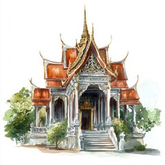 Naklejka premium Intricate Traditional Thai Temple with Ornate Architecture and Nature
