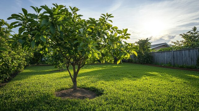 A guava tree growing in a backyard garden, with a small wooden fence in the distance. 